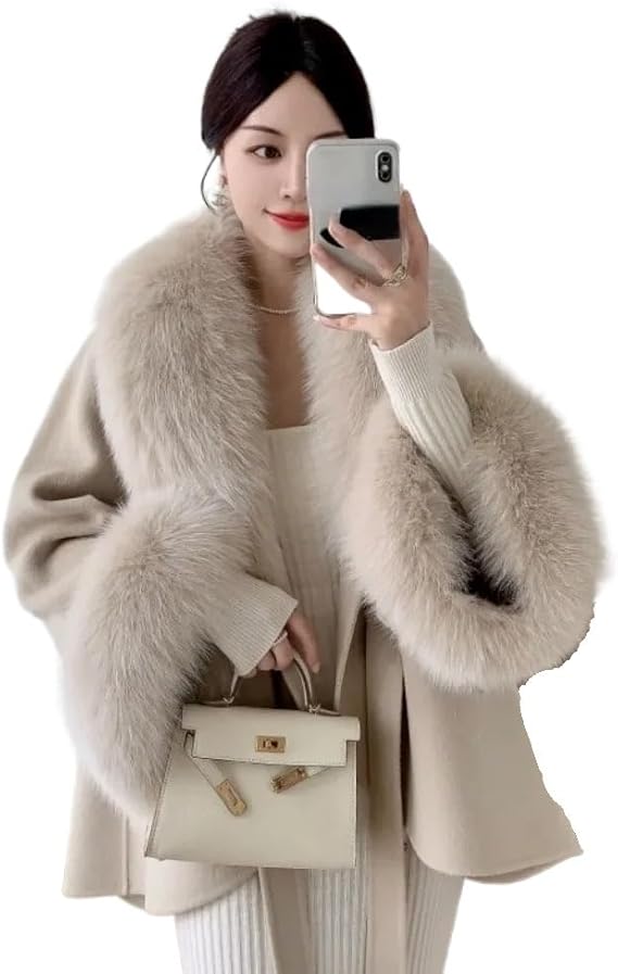 Luxury Women's Wool Leather Cape Coat with Removable Collar | Cashmere Blend Loose Fit Jacket for Winter