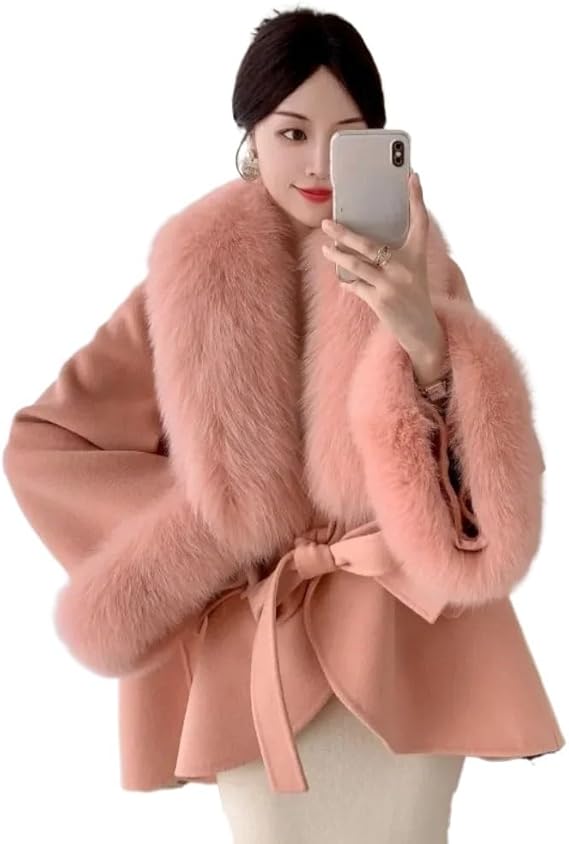 Luxury Women's Wool Leather Cape Coat with Removable Collar | Cashmere Blend Loose Fit Jacket for Winter