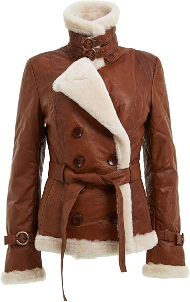 Women’s Tan Double Breasted Real Shearling Sheepskin Leather Pea Coat