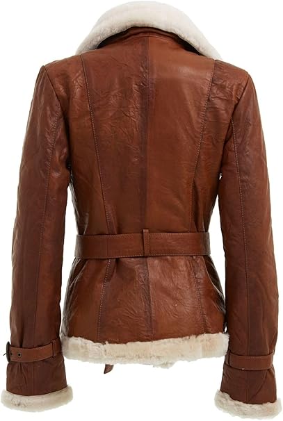 Women’s Tan Double Breasted Real Shearling Sheepskin Leather Pea Coat