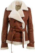 Women’s Tan Double Breasted Real Shearling Sheepskin Leather Pea Coat