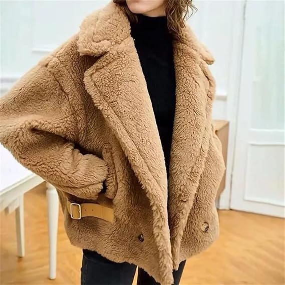 Ownwfeat Womens Fur Faux Winter Coat Wool Jacket Short Outerwear