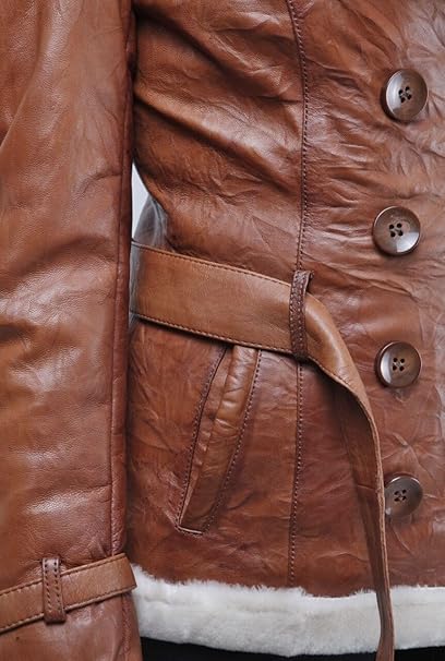 Women’s Tan Double Breasted Real Shearling Sheepskin Leather Pea Coat